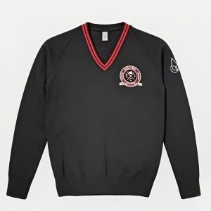 Clifton School Jumper With Logo - Black With Red Stripe