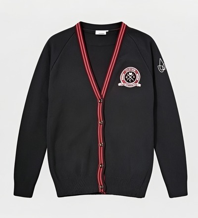 Clifton School Cardigan With Logo - Black With Red Stripe